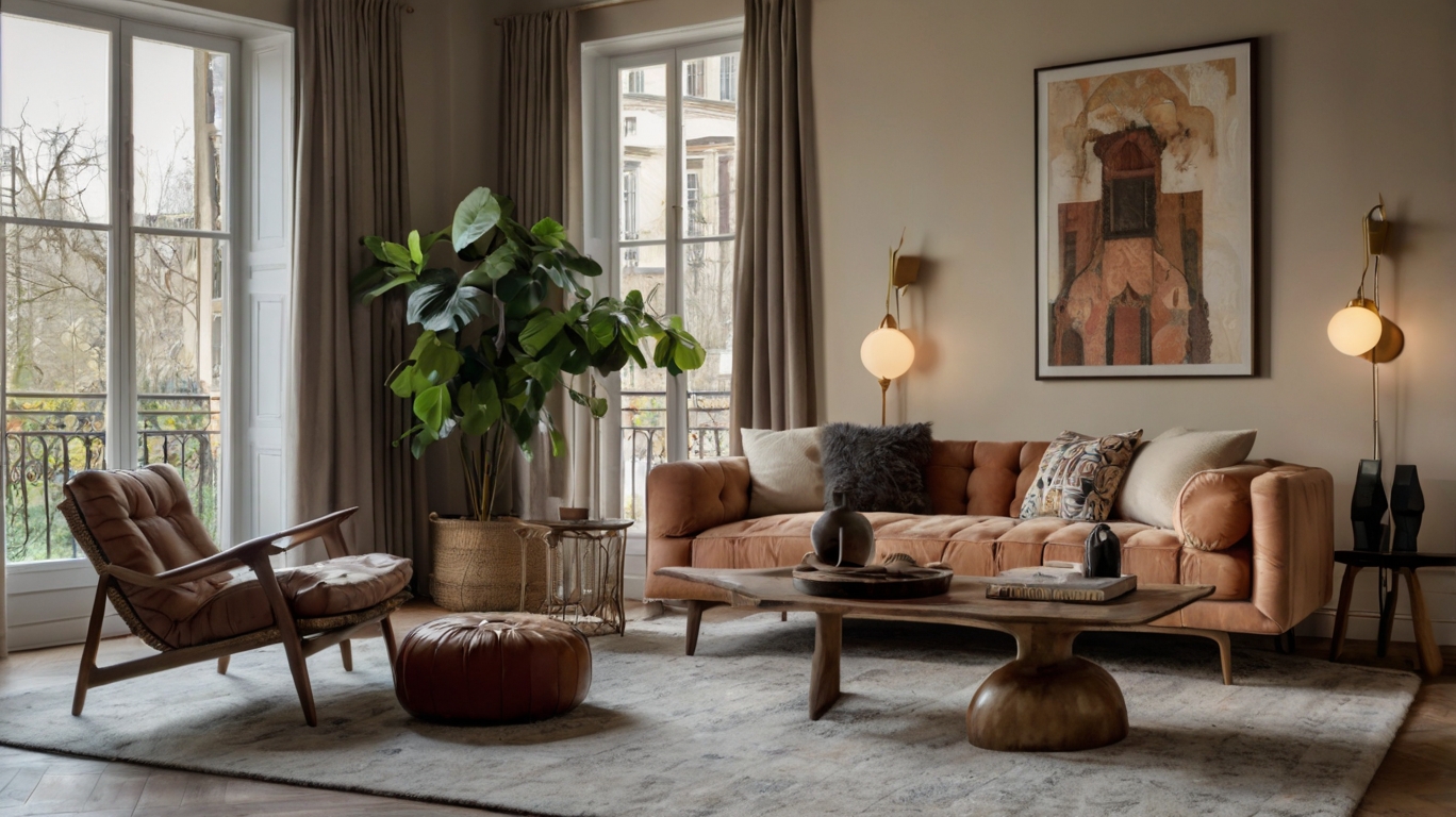 Stylish living room with diverse furniture pieces.