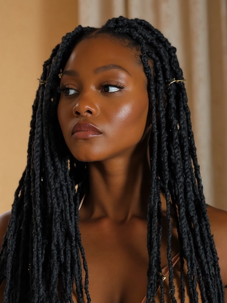 Half-length portrait of a woman with Sincerely4u Senegalese twists, featuring gold cuffs, against a warm blurred background.