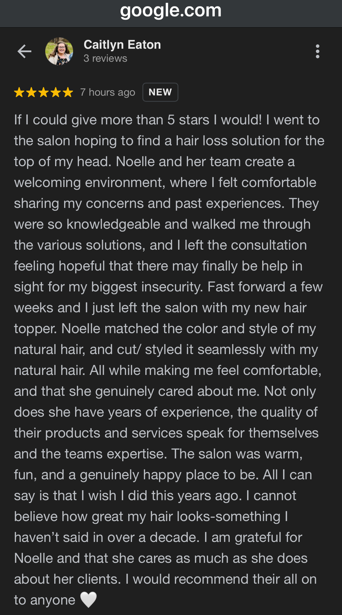Positive customer review of Noelle Salon