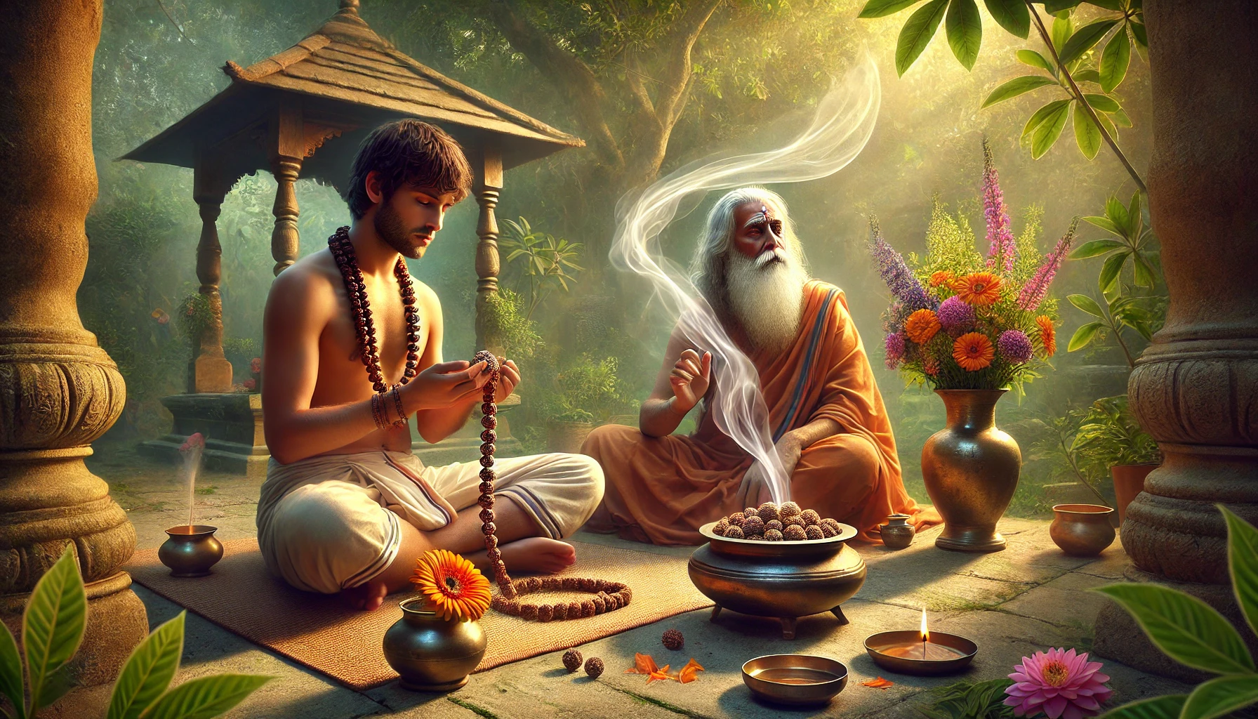 Devotee cleaning the Rudraksha bead