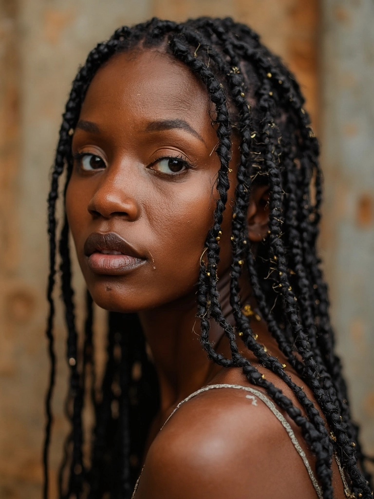 Half-length portrait of a young African-American woman with Sincerely4u box braids, styled with gold cuffs against a soft background.