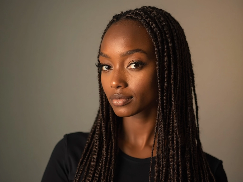 Portrait of an African-American woman with sleek knotless braids, featuring Sincerely4u’s bulk hair for braiding.
