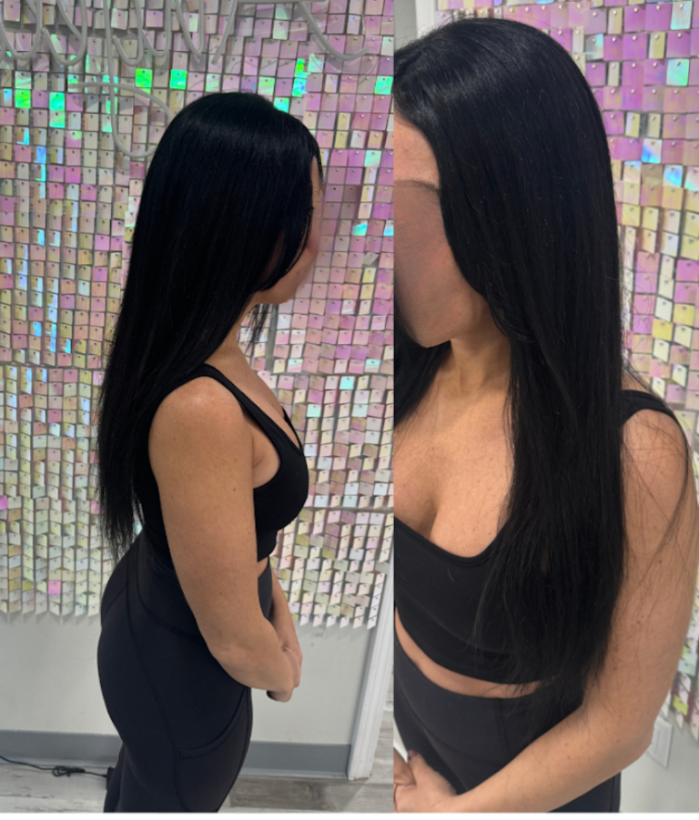 a woman wearing a human hair wig for alopecia