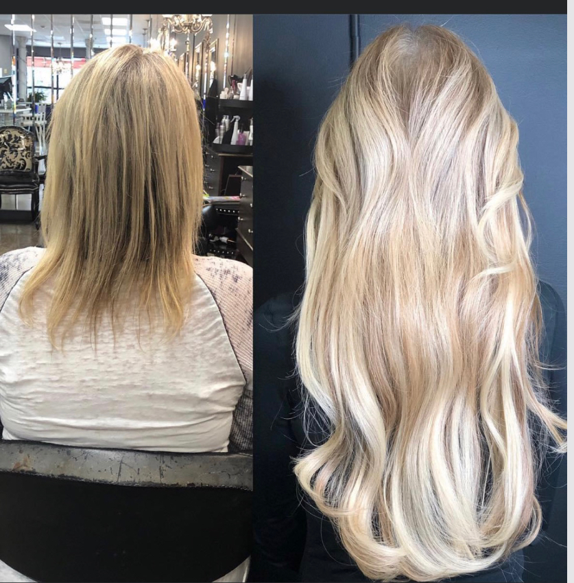 a before and after of a woman wearing Noelle Salon hair extensions