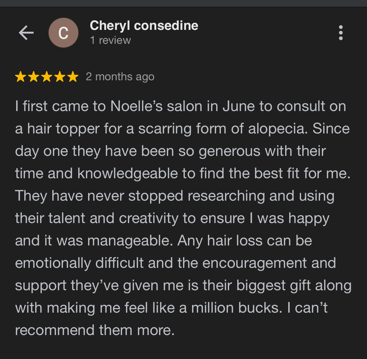Hair Loss Customer Review of Noelle Salon