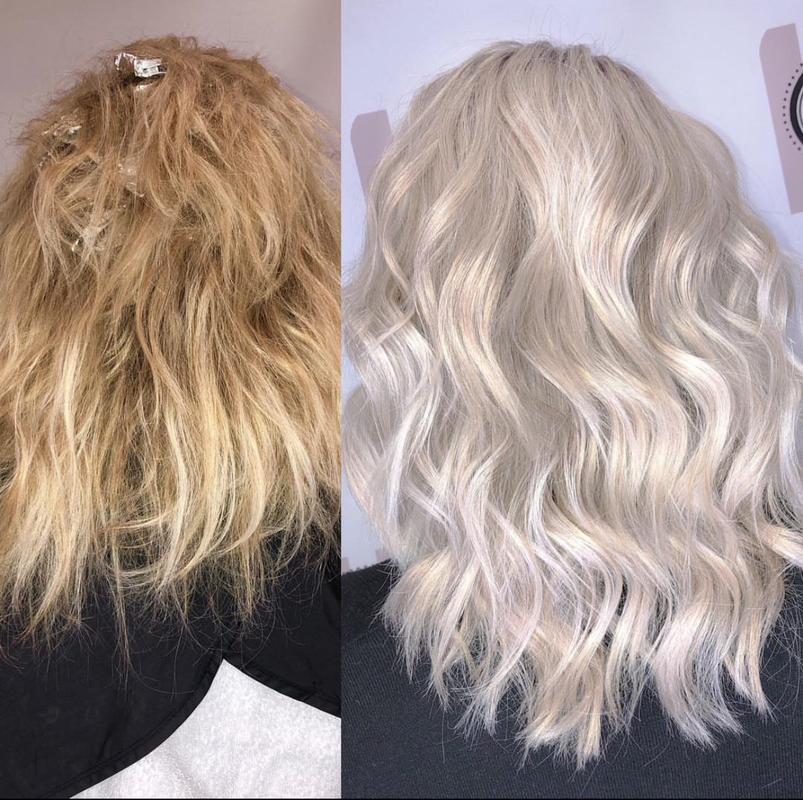 a before and after of a woman with hair extensions and platimum blonde hair