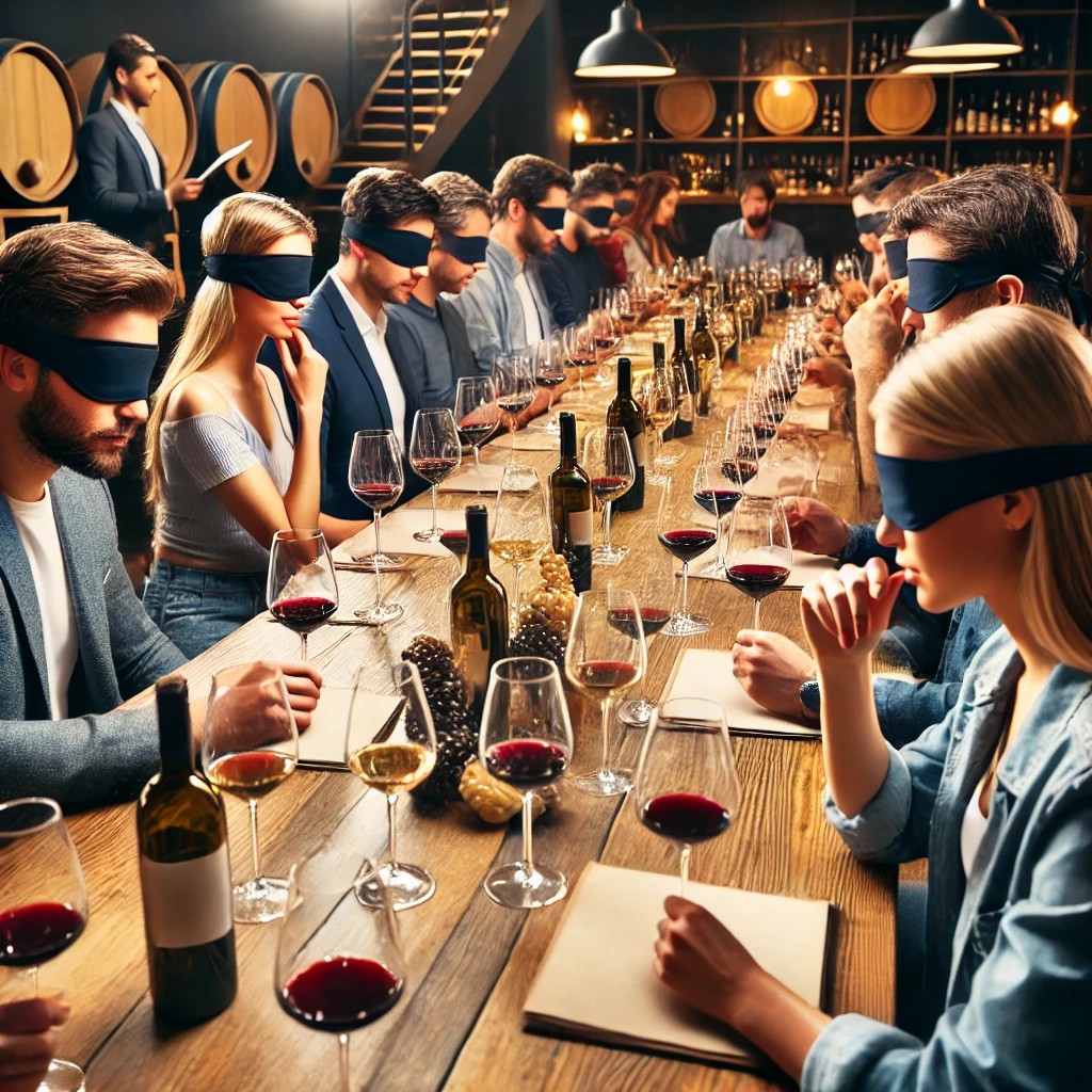 People Tasting Wine While Wearing a Blindfold 