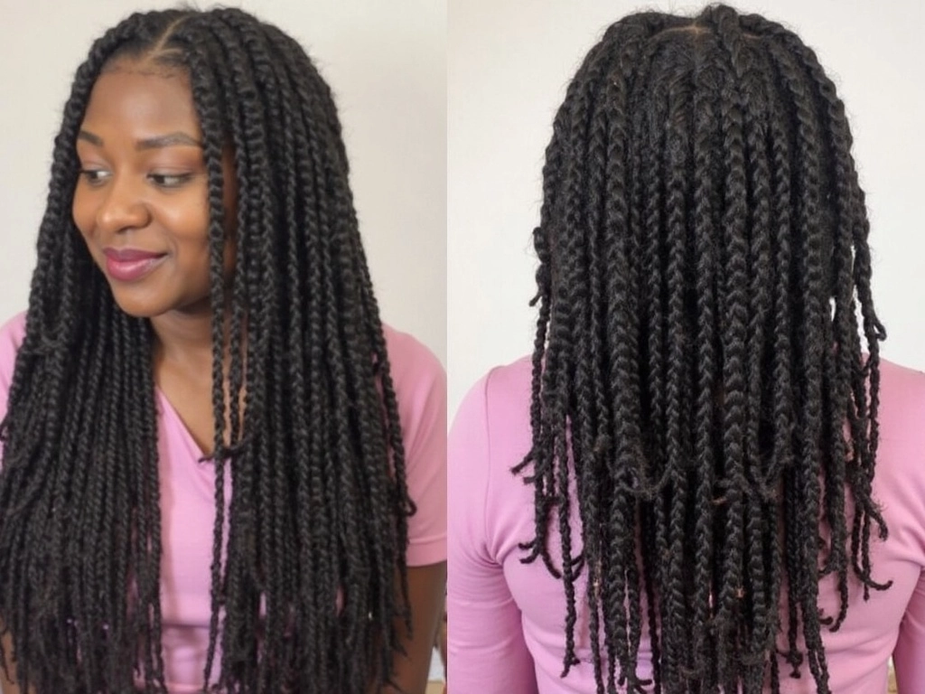 Sincerely4u – Big box braids with curly ends on a confident African-American woman in a grey sweater.