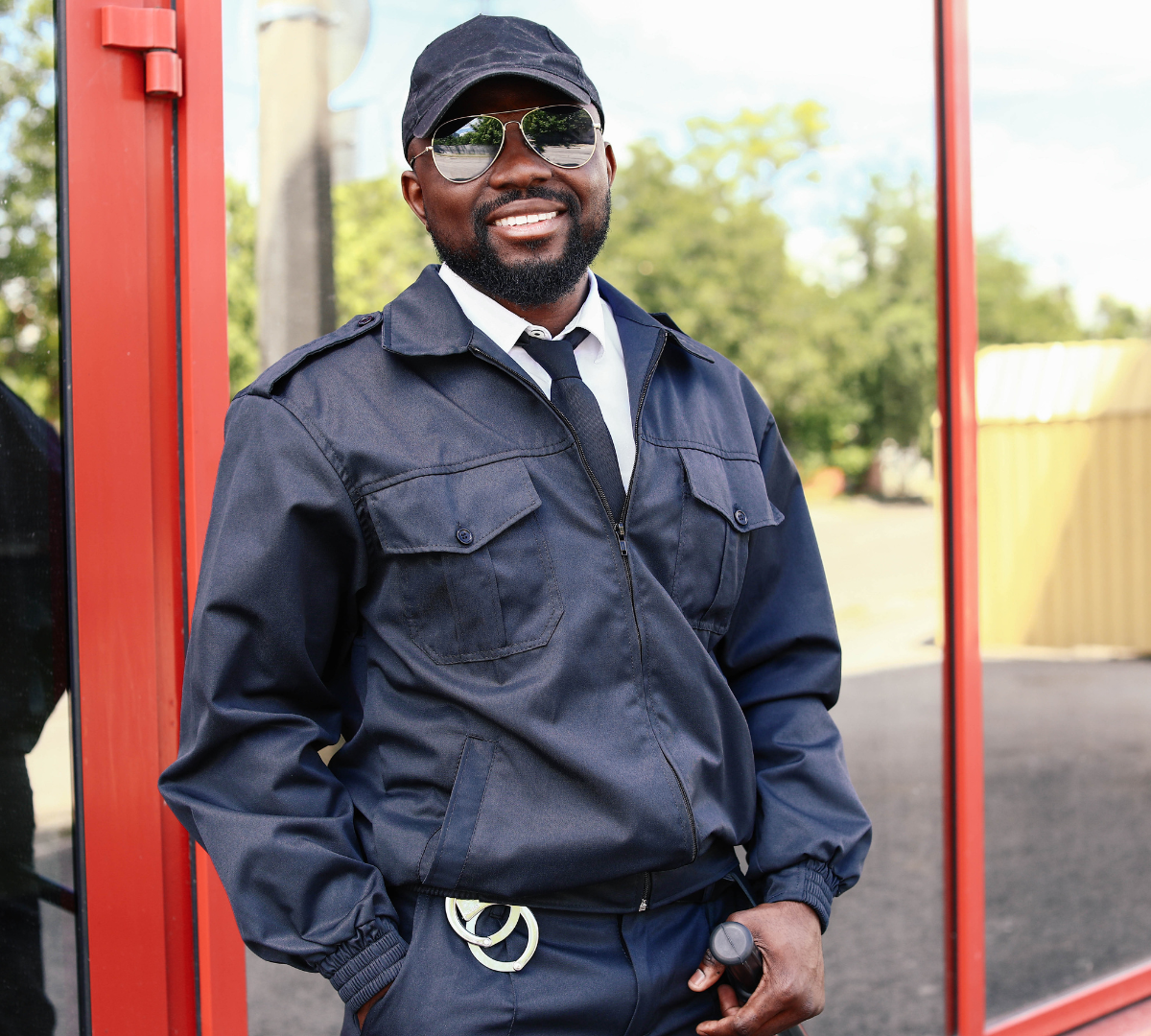 African-American security guard outdoors