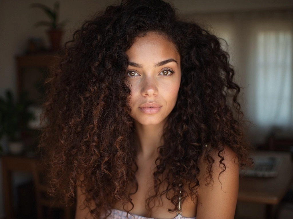 Sincerely4u: African-American woman with deep curly long hair, natural and stylish look.