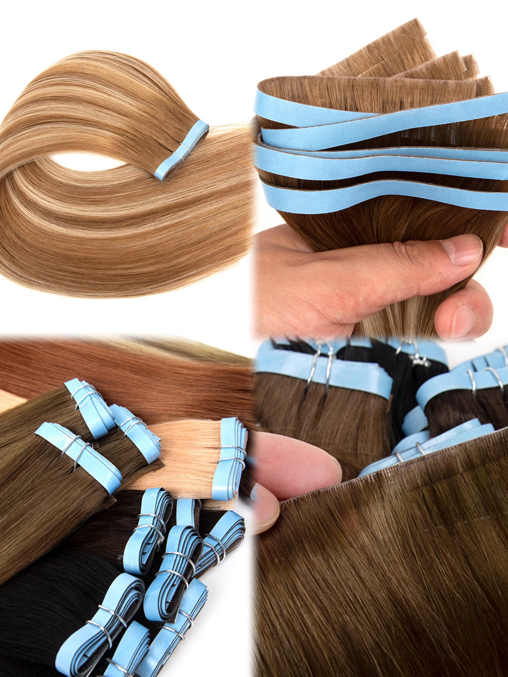 a close up photo of different types of tape hair extensions