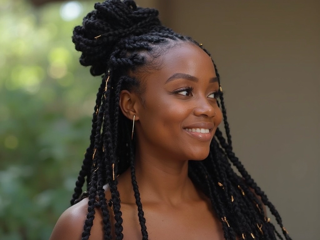 A black woman wearing sincerely4u's Half-Up, Half-Down Box Braids