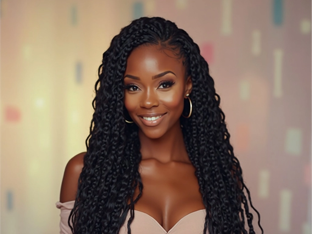 woman with a box braid wig, styled by Sincerely4u, wearing a chic off-the-shoulder top.