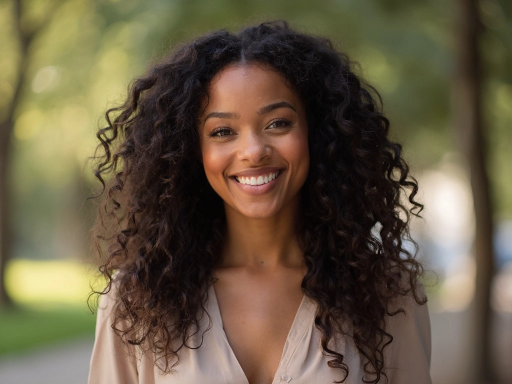 An African-American woman with long, voluminous curly hair in a white shirt, radiating confidence and charm, captured by Sincerely4u.