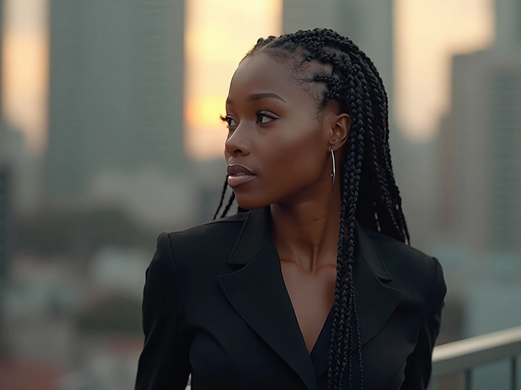 Portrait of a woman with micro braids braid wig, wearing a black jacket, from Sincerely4u.