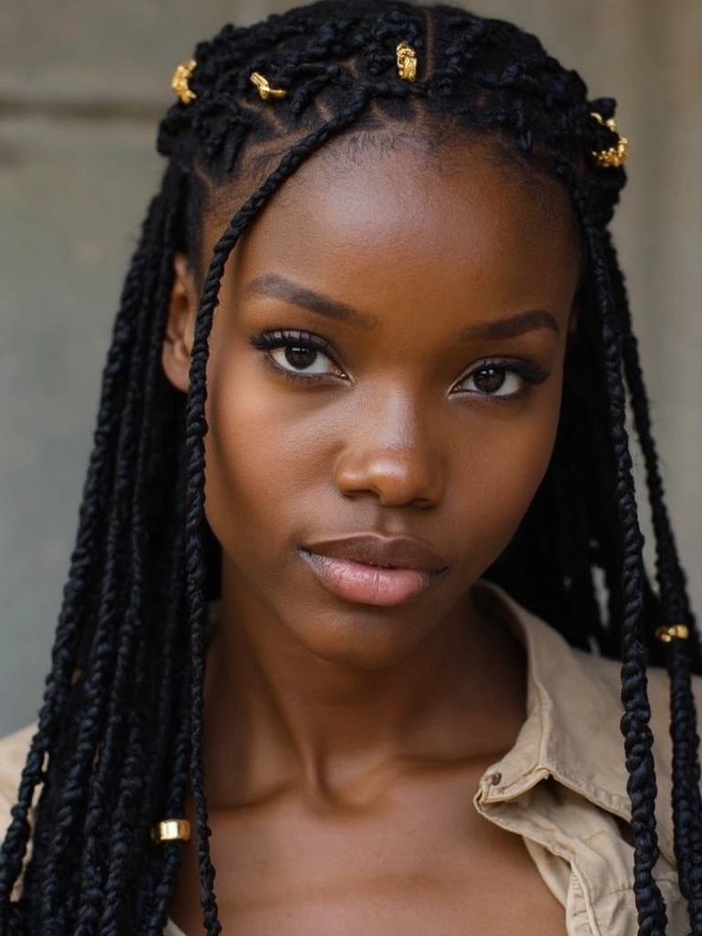 Half-length portrait of a woman with Sincerely4u cornrows, adorned with gold cuffs, against a neutral blurred background.