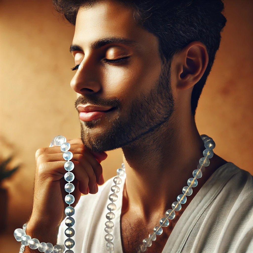 A man wearing Sphatik Mala and feels relaxed