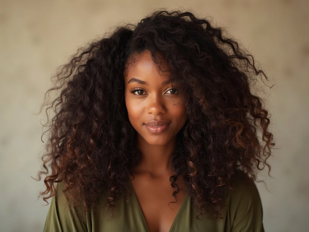 Portrait of a 25-year-old African American woman with long bouncy curls in a Sincerely4u wear and go wig, styled with natural elegance.