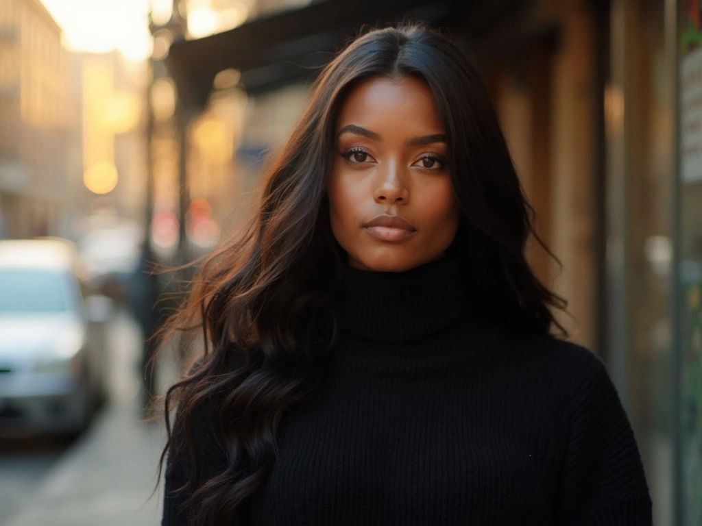 Sleek, long wavy hair by Sincerely4u, featuring an elegant African-American woman with a real human hair wig.