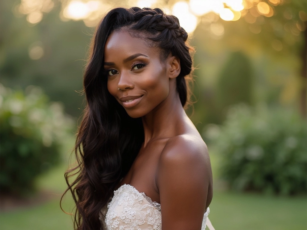 Long Sincerely4u fishtail braid bridal hairstyle with loose waves, highlighting a bride in mermaid-style satin gown.