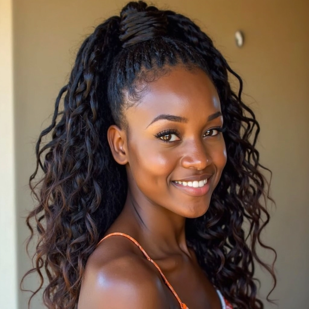 Half-length portrait of an African-American woman with a half-up, half-down boho braid hairstyle, featuring curly extensions and a natural, matte finish.