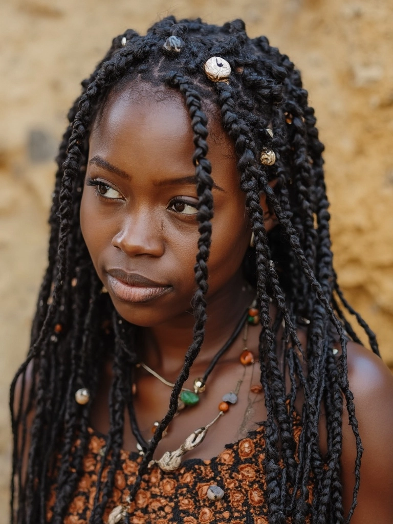 Half-length portrait of a woman with Sincerely4u Fulani braids, featuring beads and cowrie shells, against a neutral blurred background.