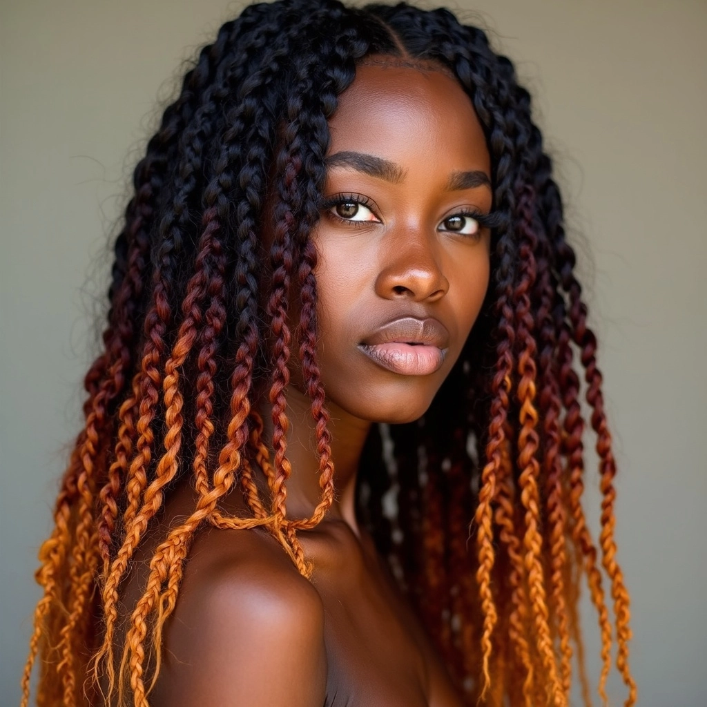 Half-length portrait of an African-American woman with ombre and colorful boho braids, showcasing deep black roots transitioning to chestnut, copper, and burgundy highlights.