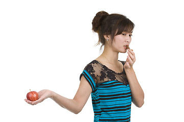 Image showing woman with chocolate and apple