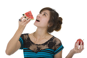 Image showing woman with water melon and apple