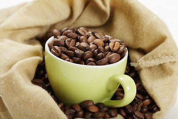 Image showing Green cup with coffee in bag closeup