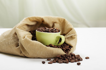 Image showing Green cup with coffee in bag