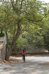 Image showing Biking under trees