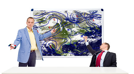 Image showing Weathermen behind an anchor desk