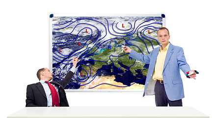 Image showing Weathermen behind an anchor desk