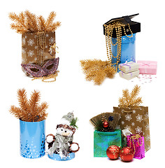 Image showing Ð¡ollage gift package, box and golden spruce branch