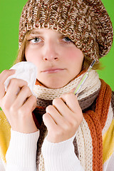 Image showing woman with handkerchief and thermometer