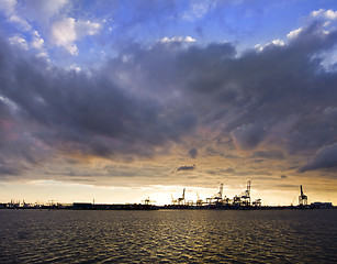 Image showing Sunset over harbor