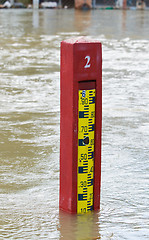 Image showing Water level indicator in a flooded river