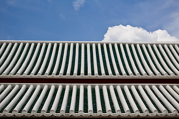 Image showing Roof Tiles white and green with blue sky 