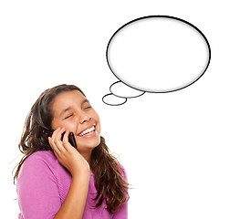 Image showing Hispanic Teen Aged Girl on Cell Phone with Blank Thought Bubble