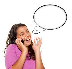 Image showing Hispanic Teen Aged Girl on Cell Phone with Blank Thought Bubble