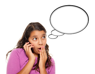 Image showing Shocked Hispanic Teen Aged Girl on Phone with Blank Thought Bubb