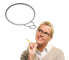 Image showing Beautiful Woman and Blank Thought Bubbles with Clipping Path