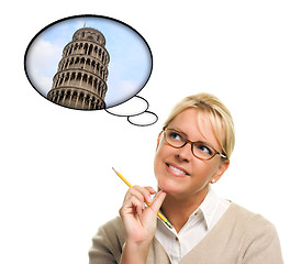 Image showing Woman with Thought Bubbles of Travelling to Europe