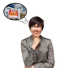 Image showing Multiethnic Woman with Thought Bubbles of Sold Real Estate Sign