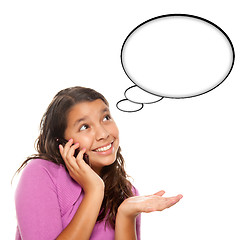 Image showing Hispanic Teen Aged Girl on Cell Phone with Blank Thought Bubble