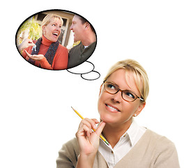 Image showing Woman with Thought Bubbles of Getting The Keys to a New Home