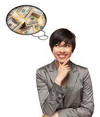 Image showing Beautiful Multiethnic Woman with Thought Bubbles of Money Stacks