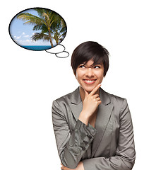 Image showing Beautiful Multiethnic Woman with Thought Bubbles of Tropical Pla