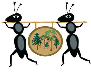 Image showing Two black ants carry picture on stick